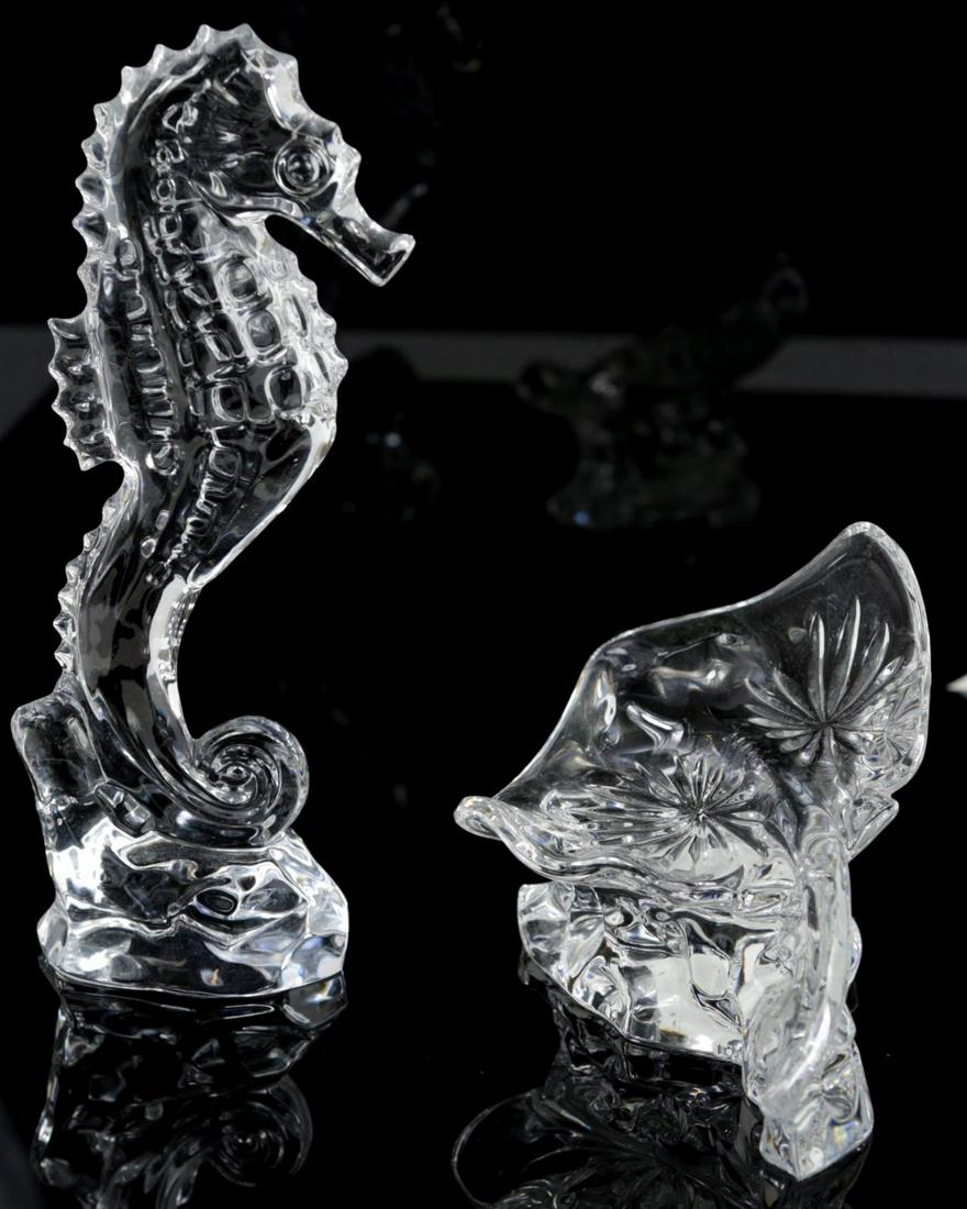 2pc WATERFORD CRYSTAL SEAHORSE & STINGRAY FIGURES: 2 Waterford crystal figurines including a Seahorse-7 1/4" and Stingray-5". Each marked to underside. Stingray holds original label.