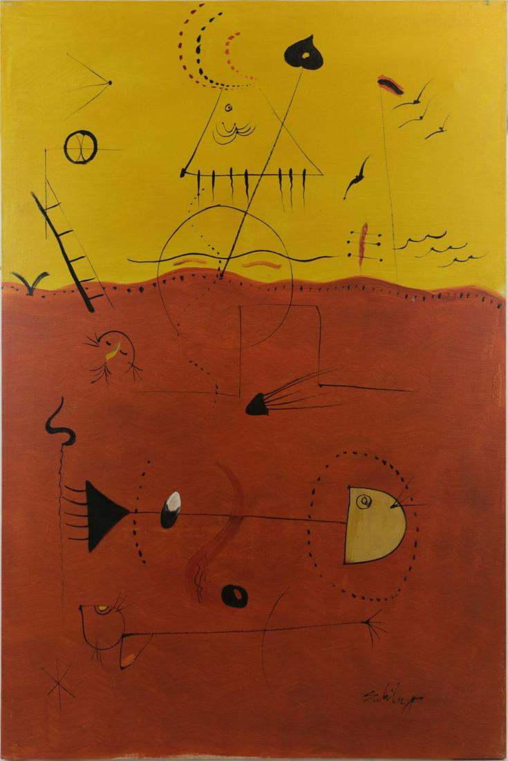 MID-CENTURY LATIN AMERICAN SEASCAPE: Central American oil painting on canvas depicting a modern seascape with fish, jellyfish and birds. Signed illegibly lower right. Measures 36" x 24".