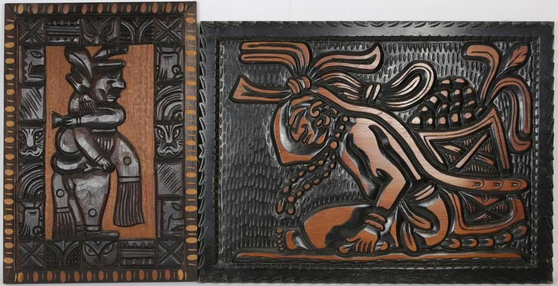 2pc HONDURAS FOLK ART WOOD CARVINGS: 2 Honduran carved wood panels depicting Mayan style figures. Largest is marked to verso and measures 25 1/4" x 18 3/4".