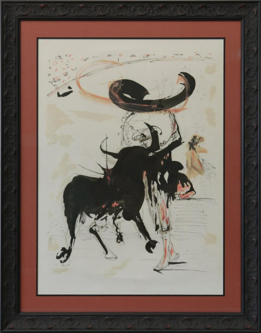 SALVADOR DALI 'BULL FIGHT No 2' LITHOGRAPH: Salvador Dali (Spanish/French, 1904-1989) original color lithograph titled 'Bull Fight No. 2'. Pencil signed lower right and inscribed E.A. lower left. Measures 29 1/4" x 21 1/4" + 4 1/4" mat & frame.