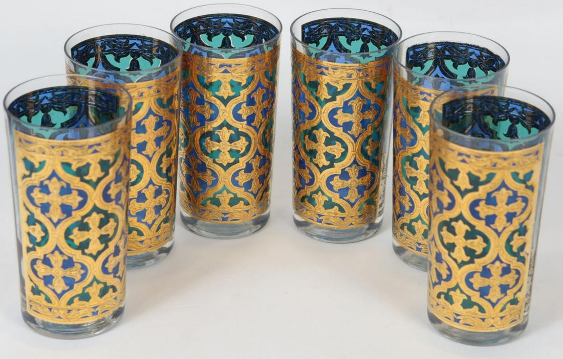 6pc GEORGES BRIARD MID-CENTURY HIGHBALL GLASSES: 6 Georges Briard mid-century highball drinking glasses with gold trim. Each signed and measures 5 1/2" height.