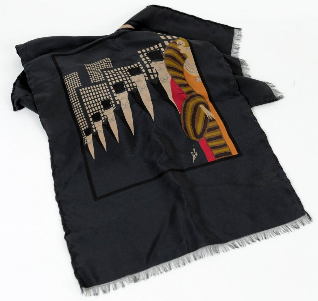 ERTE ITALIAN SILK SCARF: Erte Italian silk scarf with fringe featuring two depictions of "Top Hat'. Measures 52" x 11 3/4".