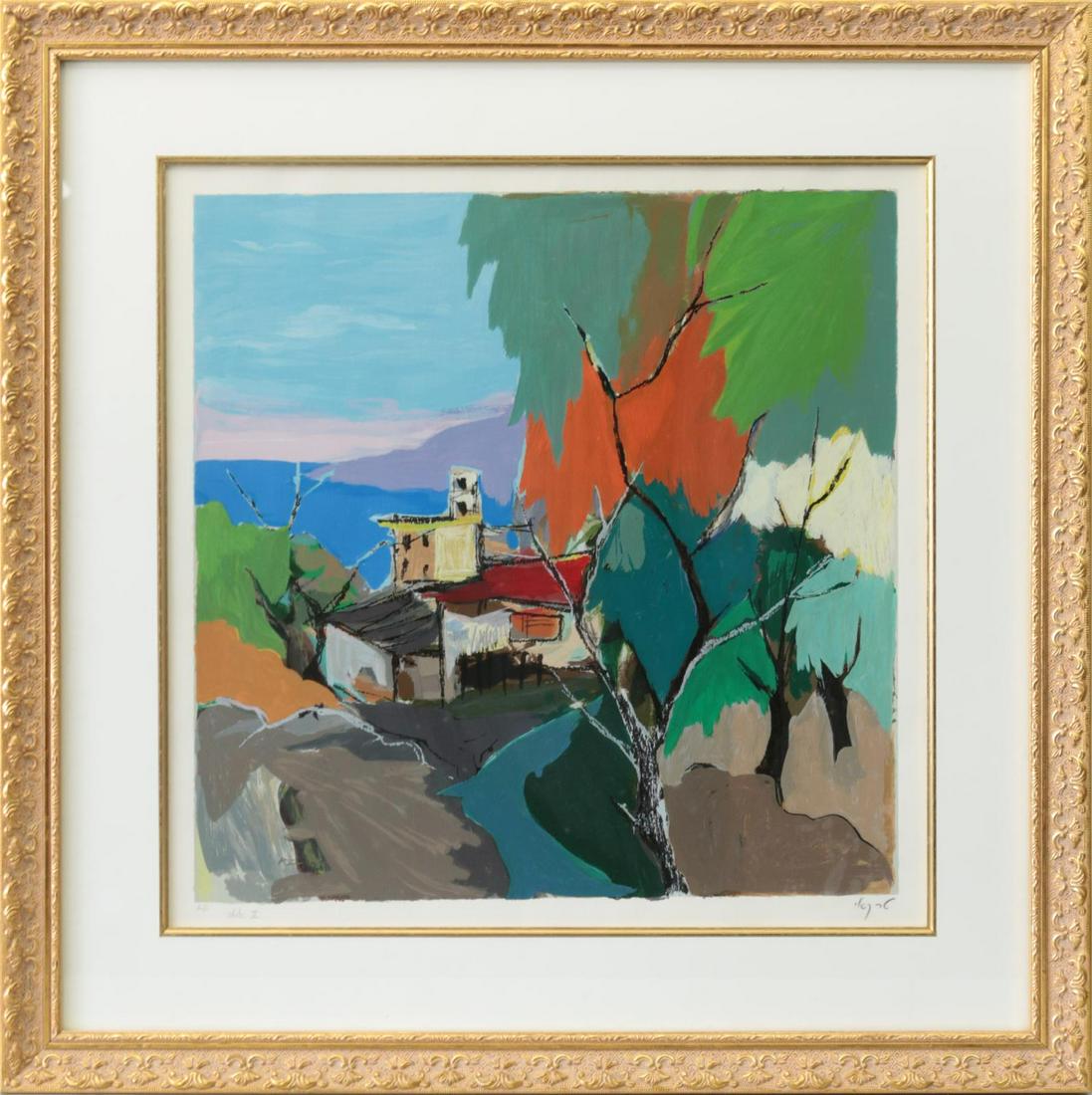 ITZCHAK TARKAY 'LANDSCAPE II' SERIGRAPH: Itzchak Tarkay (Israeli, 1935-2012) Landscape (State II) serigraph. Pencil signed in Hebrew lower right. Inscribed AP, State II lower left. Measures 21 3/4" x 21 3/4" + 4 3/4" mat & frame.