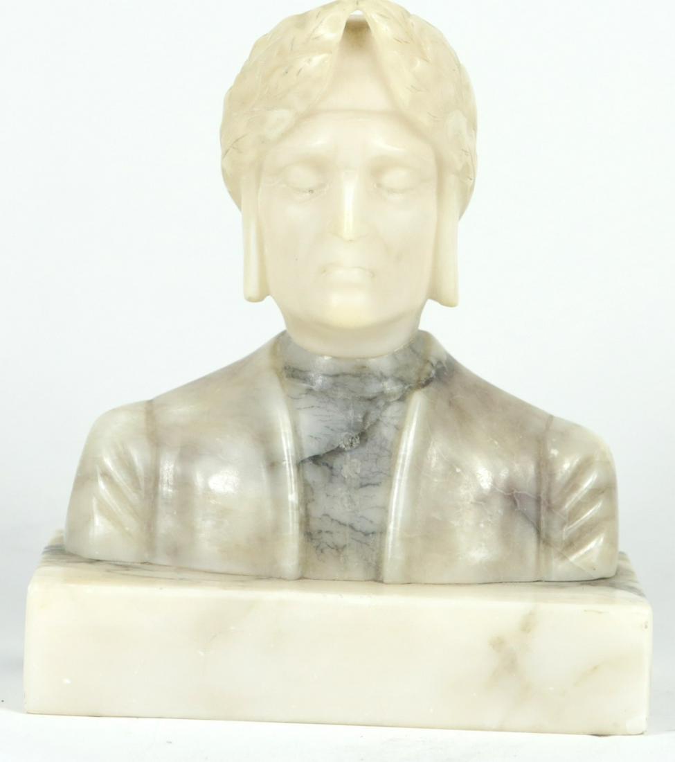 CARVED ALABASTER BUST OF DANTE: Carved alabaster bust depicting the Italian poet, Dante. Measures 7 1/4" height x 6 1/4" width.