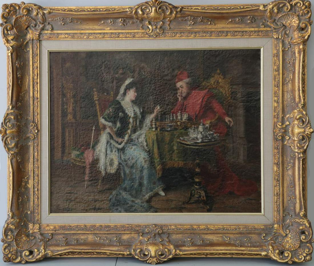 GIUSEPPE CASTIGLIONE 'CHESS GAME' OIL ON CANVAS: Giuseppe Castiglione (Italian, 1829-1908) oil painting on canvas depicting a Cardinal and lady playing chess. Signed lower right. Measures 20 3/4" x 15 3/4" + 4" frame.
