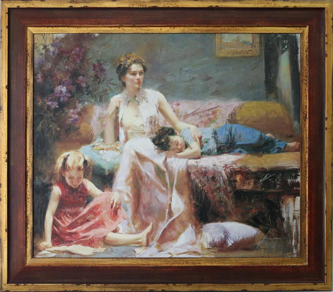 PINO 'REFLECTIONS OF THE HEART' EMBELLISHED GICLEE: Giuseppe D'Angelico Pino (Italian/Amerian, 1939-2010) hand embellished giclee on canvas depicting a woman with two children. Signed lower right. Numbered 230/500 and includes certificate of authentici