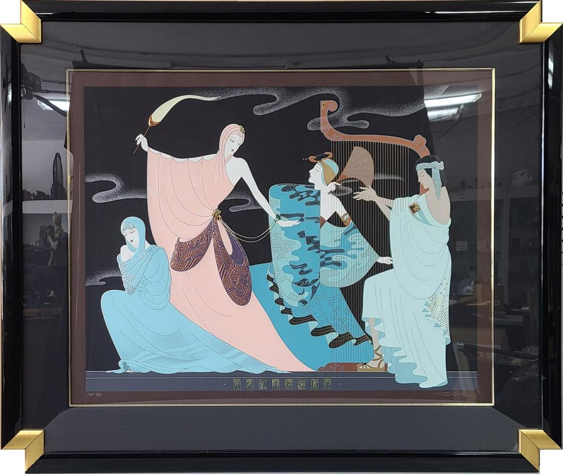 LILLIAN SHAO 'HARMONY' SERIGRAPH: Lillian Shao serigraph with gold foil depicting four Asian ladies. In the style of Erte. Pencil signed lower right. Numbered PP 4/5 lower left. Measures 32 1/4" x 25 3/4" + 5" mat & frame.