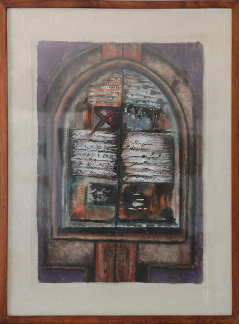 LUIS LOMBARDO 'WINDOW' MIXED MEDIA ON PAPER: Luis Lombardo (Mexican, 20th C) mixed media painting on paper with collage element depicting a window. Signed LL and dated 1981 lower left. Measures 23 1/2" x 16 1/4" + 4" mat & frame.