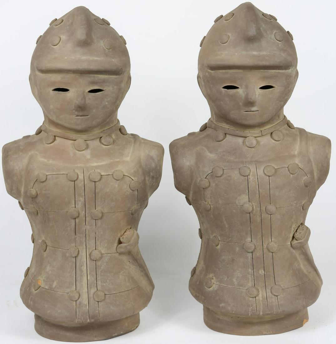 PR JAPANESE HANIWA POTTERY WARRIOR BUSTS: Pair of Japanese Haniwa terracotta warrior busts with Tanko armor. Each measures approx 16" height.