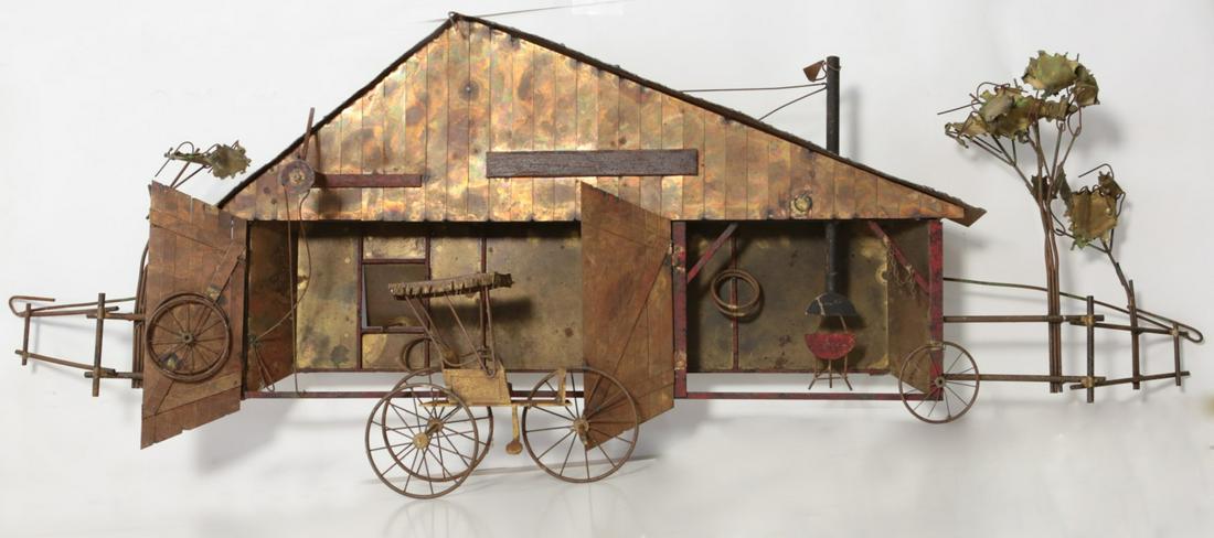 CURTIS JERE 'BARN w STAGECOACH' METAL WALL HANGING: Curtis Jere mid-century modern wall sculpture depicting a barn with stagecoach. Signed C. Jere inside barn, just right of right door. Measures 48" length x 18 1/4" height.
