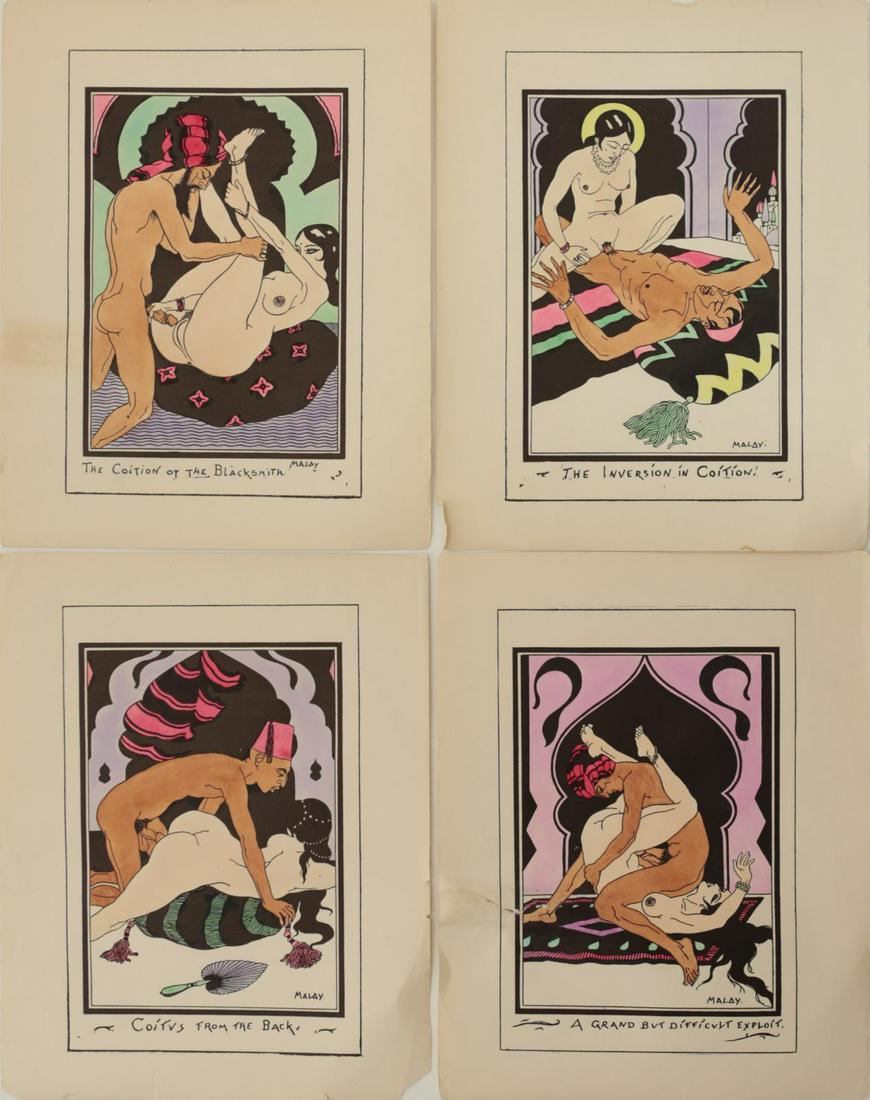 4pc JOSEPH MALAY EROTIC WOODCUT PRINTS: 6 wood cut prints by Joseph Malay. Depicting mages of Middle Eastern Persian/Arabian artwork. Each signed in the plate lower right. Includes 'The Inversion in Coition', 'Coitus from the Back', 'A Gran