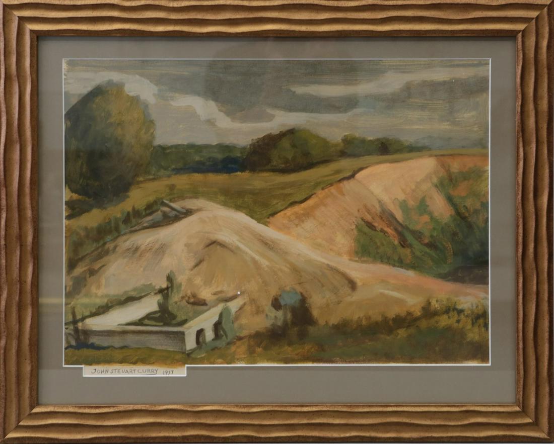 JOHN STEUART CURRY GOUACHE ON PAPER: Gouache on paper depicting a Wisconsin quarry attributed to John Steuart Curry (American, 1897-1946) . Curry was commissioned for the the Works Progress Administration (WPA) Federal Art Project. Signe