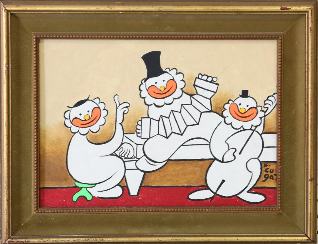 XAVIER CUGAT 'CLOWN MUSICIANS' OIL ON CANVASBOARD: Xavier Cugat (Spanish/Cuban/American, 1900-1990) oil painting on canvasboard depicting three Clown Musicians. Signed lower right. Measures 13 1/2" x 9 1/2" + 2 1/4" frame.
