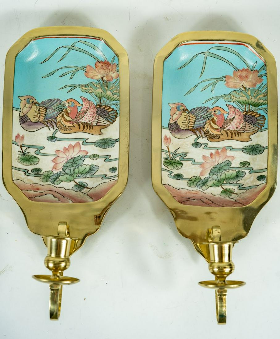 PR CHINESE PORCELAIN TRAYS MOUNTED AS SCONCES: Pair of Chinese porcelain trays of rectangular form having brass mounts. Each tray marked to underside and measures 8 1/4" x 5 1/2". Each sconce measures 15" overall length.