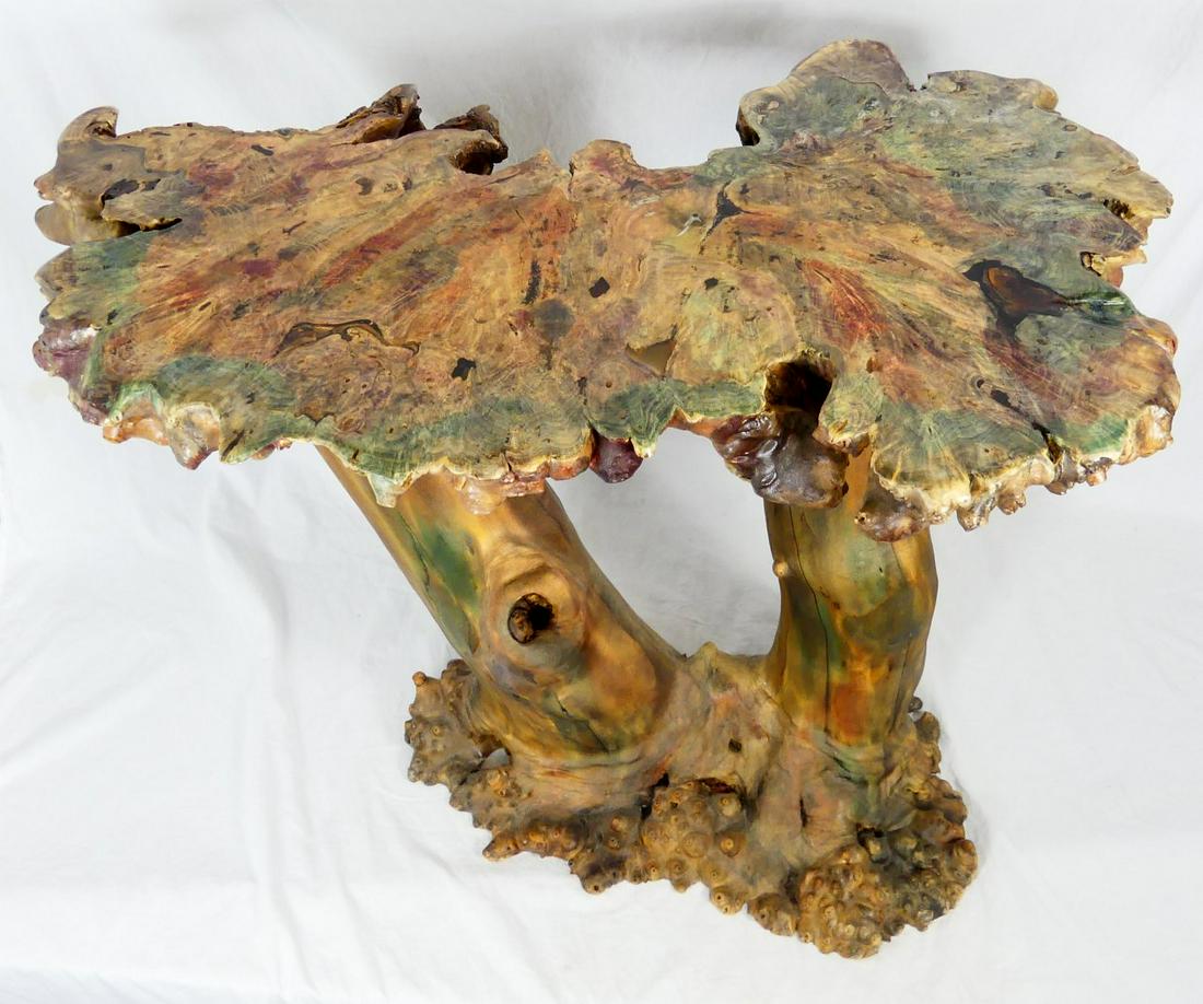 CYPRESS & ROOT WOOD FREEFORM TABLE: Cypress table top with root wood base. Measures 36" width x 21" depth x 29 1/4" height.