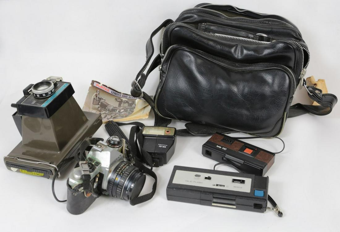 4pc VINTAGE CAMERAS PLUS BAG & ACCESSORIES: Four vintage cameras plus bag and accessories. Includes Polaroid Colorpack II, Pentax Super, Continental Tele-Flash and Sears tele 110. Largest measures 6 5/8" x 5 1/2". Bag measures 10" x 8".