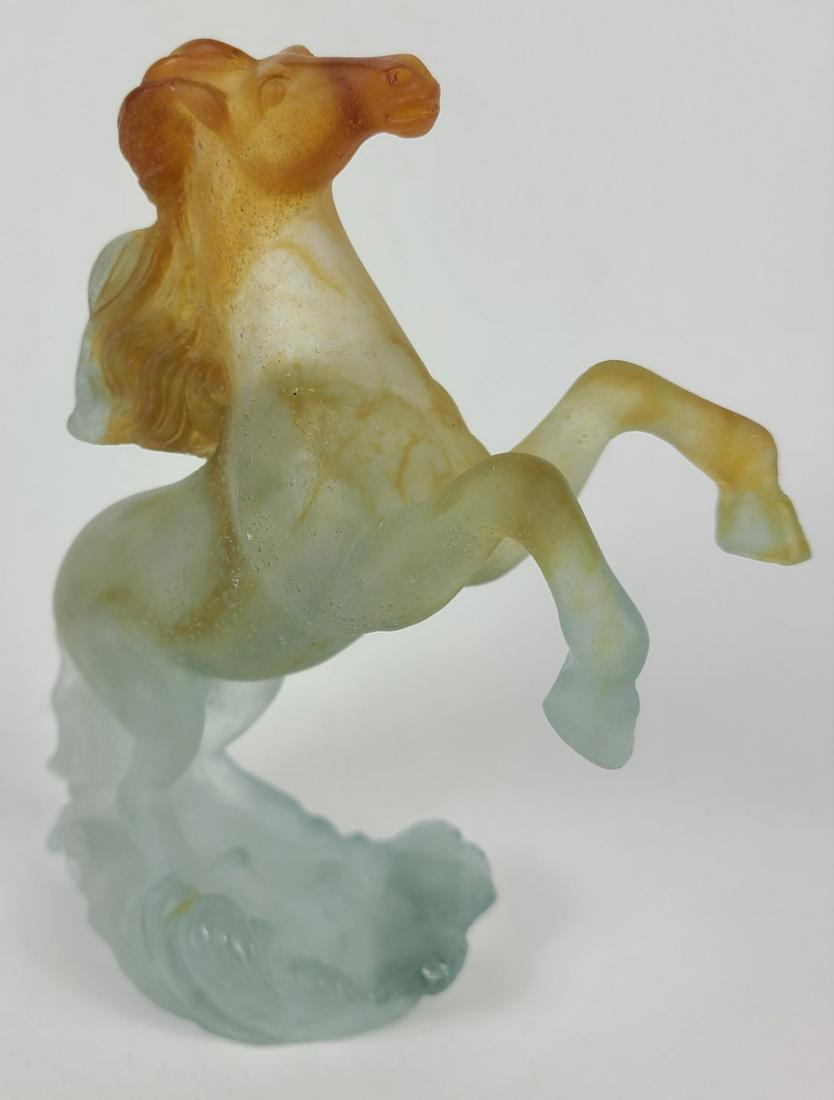 DAUM PATE-DE-VERRE GLASS REARING HORSE: Daum Pate-de-Verre glass sculpture of a rearing horse. Signed to underside. Measures 6 1/4" height.