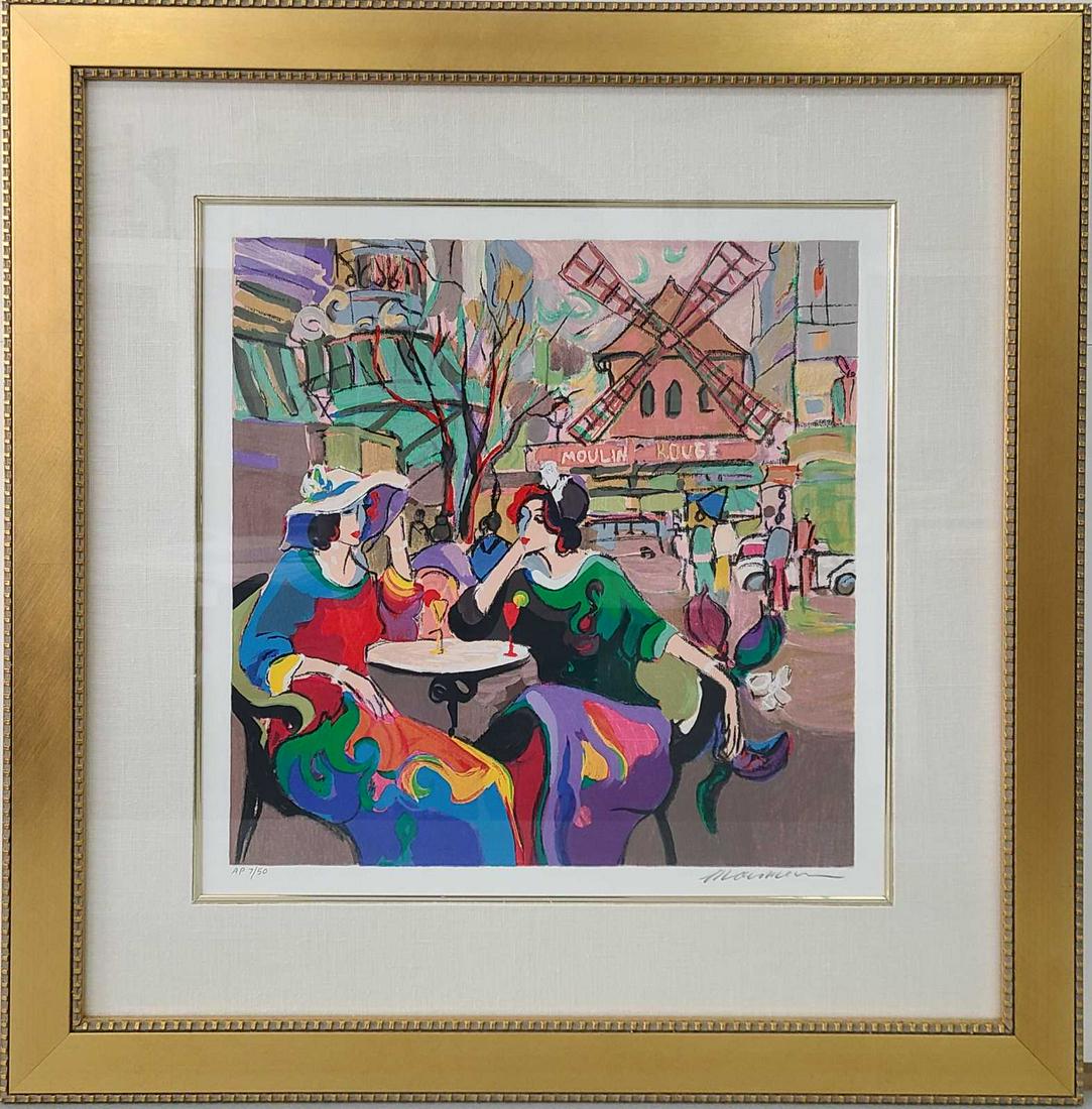 ISAAC MAIMON 'MOULIN ROUGE' PARIS SERIGRAPH: Isaac Maimon (French/Israeli, b 1951) serigraph depicting seated figures at a cafe in Montmartre. Pencil signed lower right. Inscribed AP and numbered 7/50 lower left. Measures 17 1/2" x 17 1/2" + 4 3