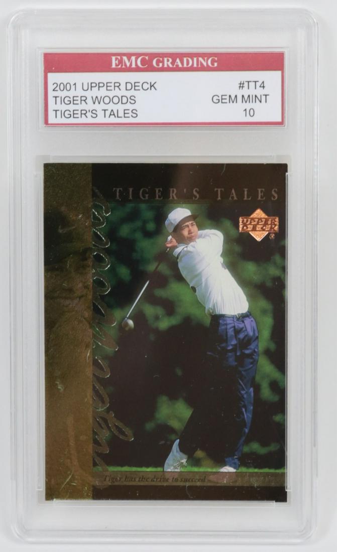TIGER WOODS 2001 UPPER DECK GRADED TRADING CARD: Tiger Woods 2001 Upper Deck Tiger's Tales trading card. EMC Grading Gem Mint 10. Case measures 5 1/2" x 3 1/8".