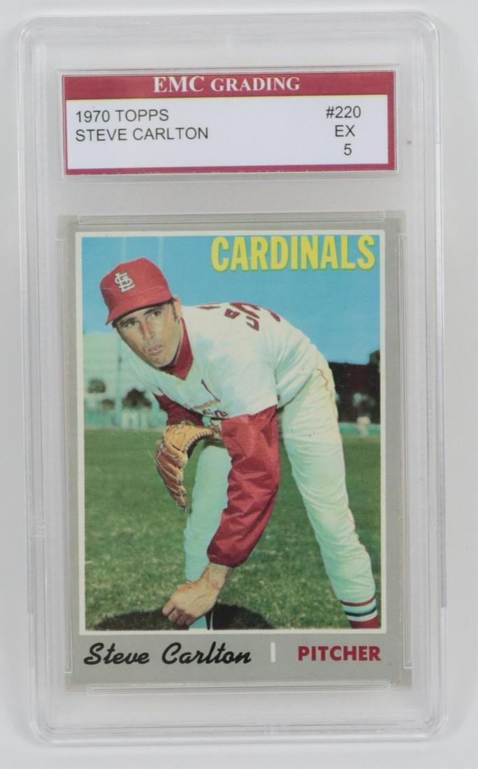 STEVE CARLTON 1970 TOPS GRADED BASEBALL CARD: Steve Carlton 1970 Topps St. Louis Cardinals trading card. EMC Grading Excellent 5. Case measures 5 1/2" x 3 1/8".