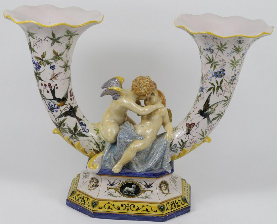 FAIENCE POTTERY DOUBLE VASE w CHERUBS (1 of 10)