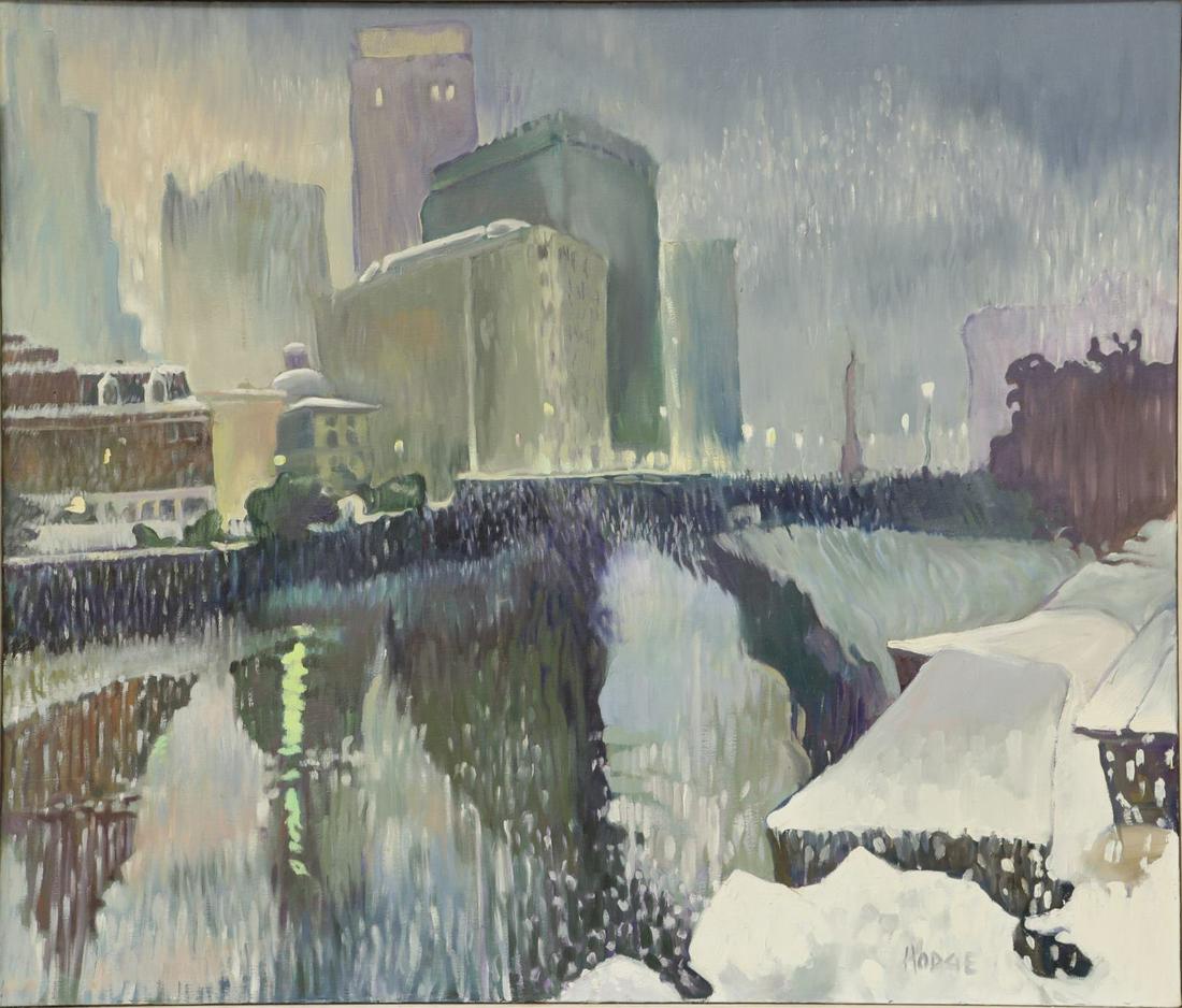KATHLEEN HODGE 'WINTER CITYSCAPE' OIL ON CANVAS: Kathleen Joan Hodge (American, 20th C) oil painting on canvas depicting a snowy winter cityscape. Signed lower right. Holds label to verso. Measures 42" x 36" + 1/4" frame.