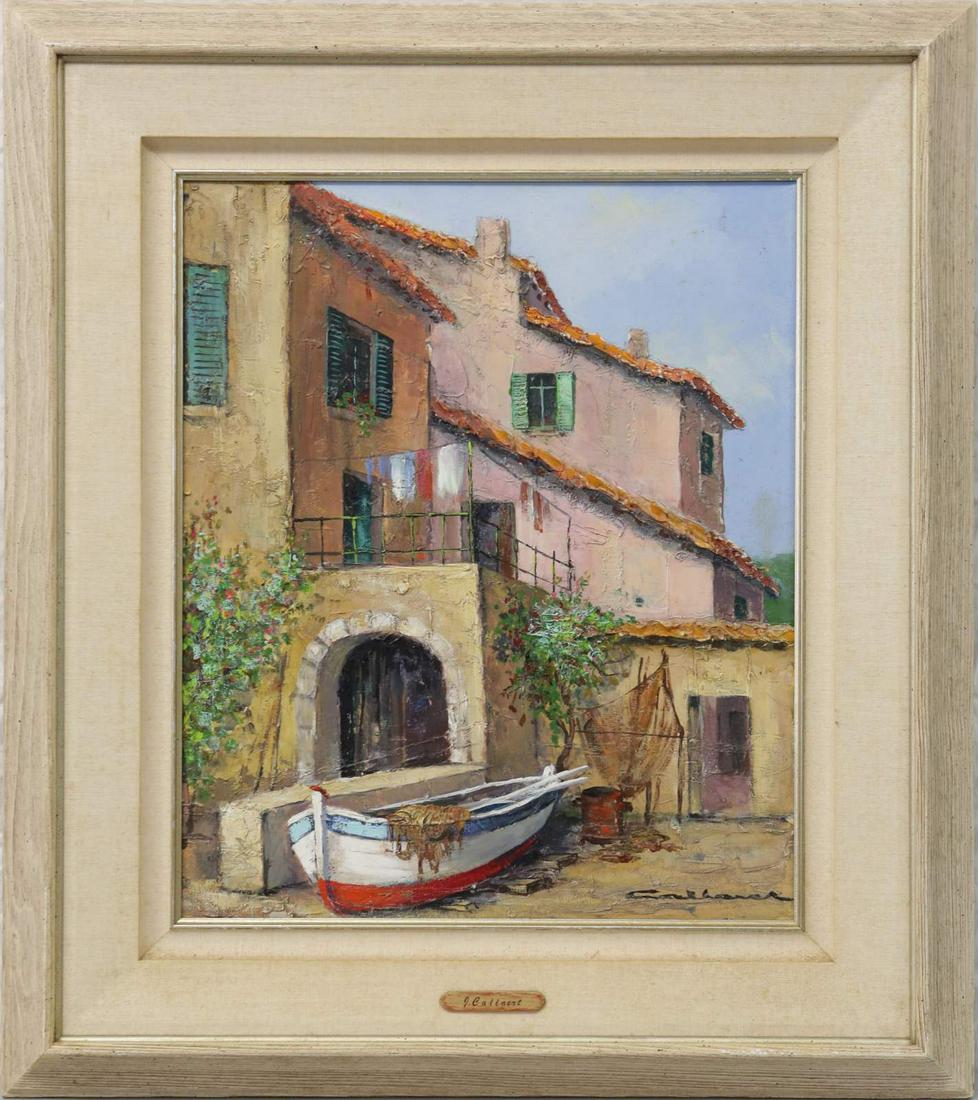 JACQUES CALLAERT OIL PAINTING ON CANVAS: Jacques Callaert (Belgian, 1921-1996) oil painting on canvas depicting a Mediterranean house with fishing boat. Signed lower right. Measures 23 1/2" x 19 1/2" + 5 3/4" frame.