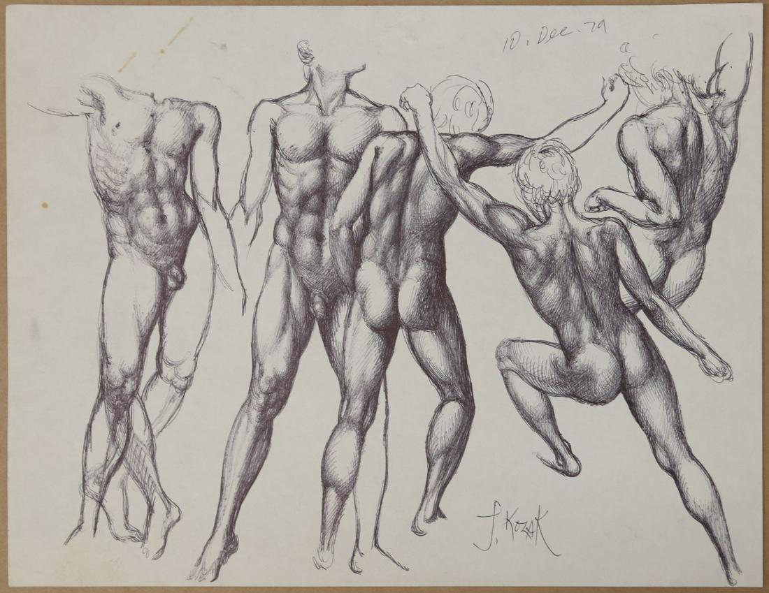 JOSEF KOZAK 'NUDE MALE FIGURES' INK ON PAPER: Jeff Kozak (American, 20th C) ink drawing on paper depicting five nude male figures in motion. Signed lower right and dated Dec 10, 1979 upper right. Measures 11" x 8 1/2". Kozak has exhibited at the 