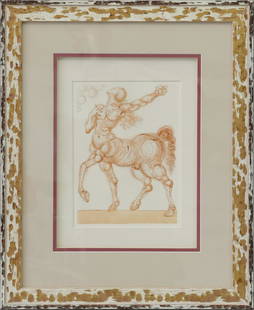 SALVADOR DALI CENTAUR, INFERNO #25 ENGRAVING: Salvador Dali Centuar, Inferno #25, Divine Comedy color original woodcut engraving. Limited, First Edition 1960. Measures 10 3/8" x 7 5/8" + 4 1/4" mat & frame.