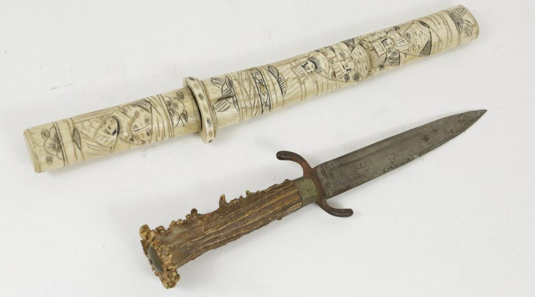 2pc DAGGERS: BUMPY DEER ANTLER & JAPANESE OX-BONE: Group of two daggers / knives. One having bumpy deer antler handle-10" and carved with Japanese Samurai. Damaged sheath-12".