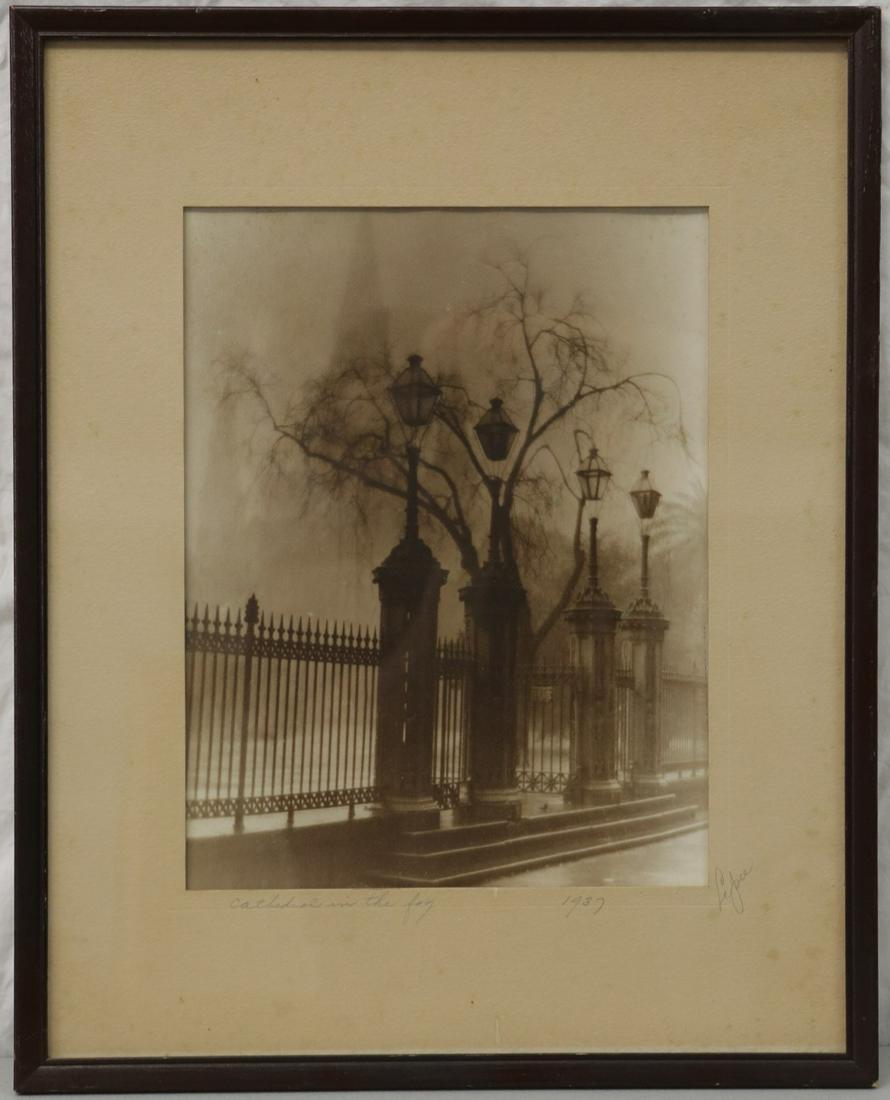 PIERRE LEPRE 'CATHEDRAL IN THE FOG' SIGNED 1937: Pierre Lepre photograph titled 'Cathedral in the Fog'. Pencil signed lower right, dated 1937 and titled lower left. Presumably St. Louis Cathedral in New Orleans. Measures 13 1/8" x 10 1/8" + 3 3/4" m