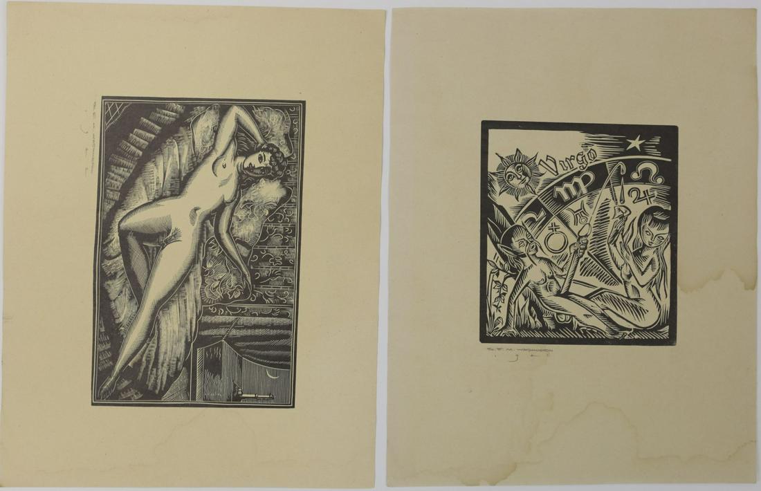 2pc EM WASHINGTON EROTIC WOODCUT PRINTS: Two woodblock prints by Earl M. Washington (American, 1862-1952). Includes Virgo and reclining nude female. Each pencil signed and dated lower left. Each sheet measures 12" x 9".