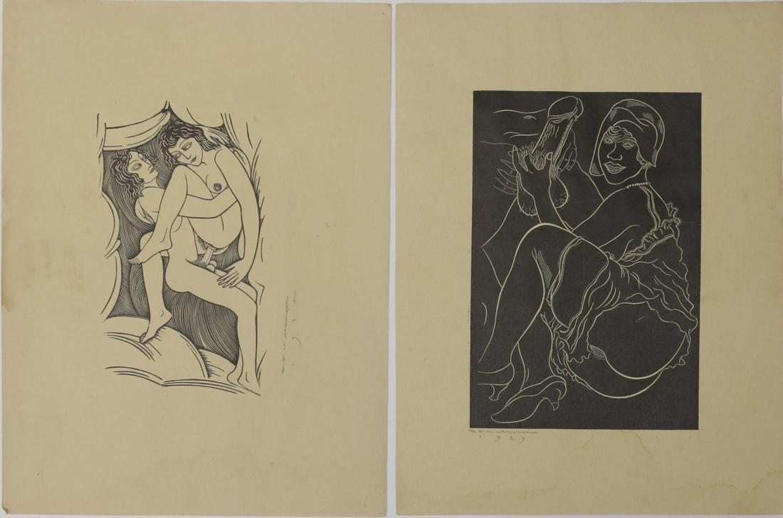 2pc EM WASHINGTON EROTIC WOODCUT PRINTS: Two erotic woodblock prints by Earl M. Washington (American, 1862-1952). Each pencil signed lower left. Each sheet measures 12" x 9".