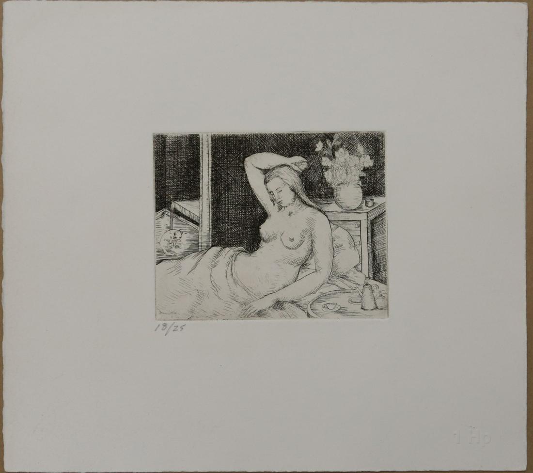 FRANCES STRAIN WPA 'RECLINING NUDE' ETCHING 18/25: Frances Strain (American,1898-1962) WPA artist original etching depicting a reclining, partially draped, nude female. Signed in the plate lower left. Numbered 18/25 lower left margin. Sheet measures 1