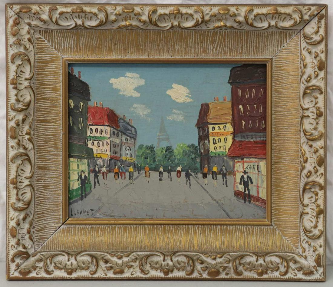 PR LAFORET FRENCH STREET SCENE OIL ON BOARD: Pair of French street scene oil paintings on board. Each signed LaForet lower left and measures 9 1/2" x 7 1/2" + 2 3/4" frame.