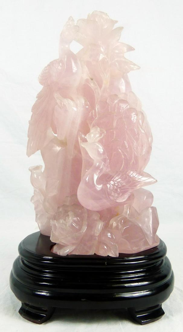CHINESE CARVED ROSE QUARTZ SCULPTURE PEACOCKS (1 of 6)