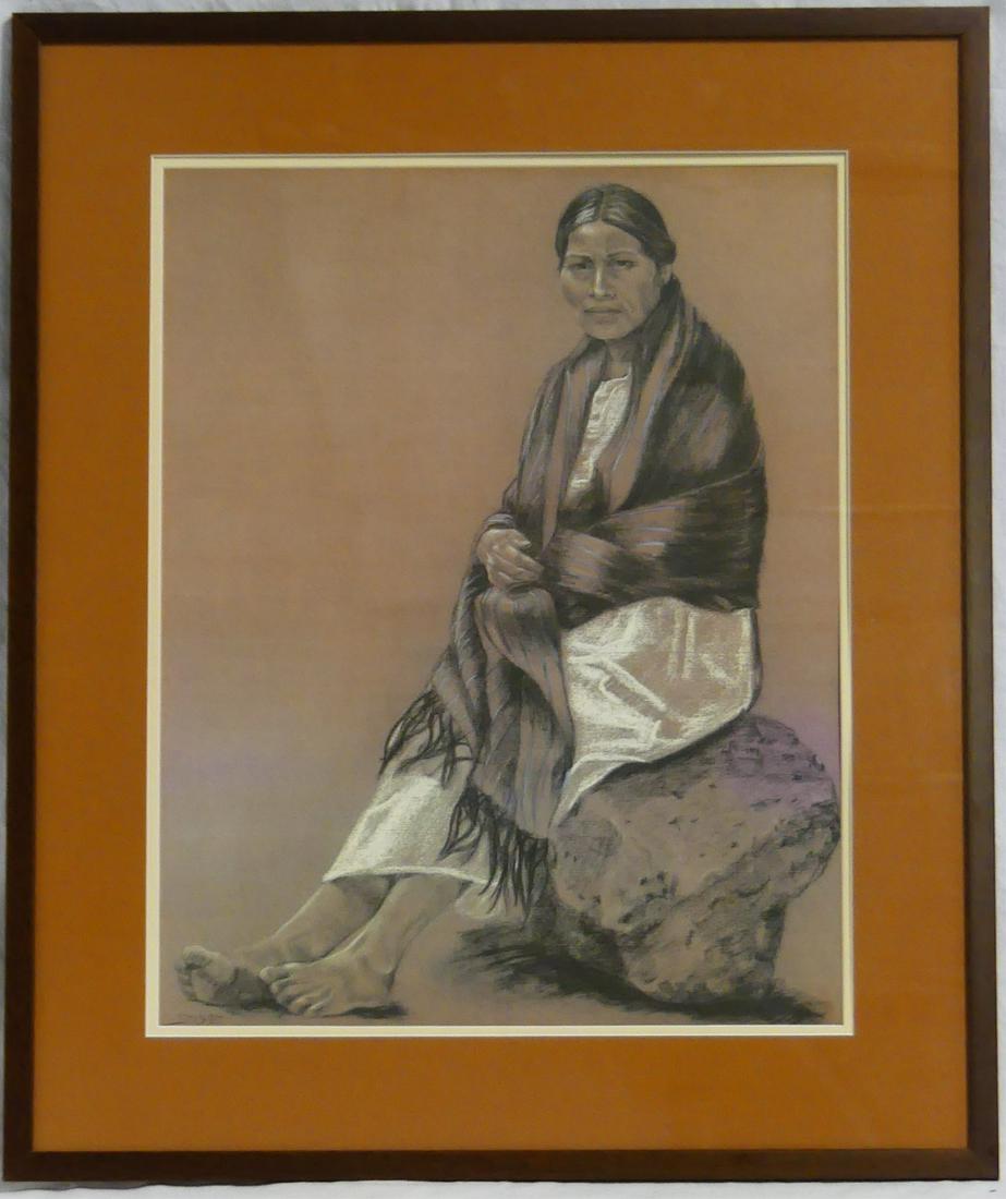 PASTEL ON PAPER NATIVE AMERICAN WOMAN: Pastel drawing on paper depicting a Native American woman seated on rock. Signed lower left. Measures 21 3/4" x 17 1/4" + 3/4" frame.