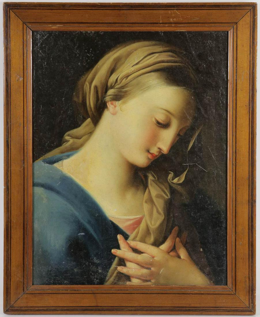 OIL PAINTING ON MASONITE PORTRAIT OF VIRGIN MARY: Oil painting on board depicting a portrait of The Virgin Mary. Measures 14 1/4" x 11" + 1 1/2" frame.