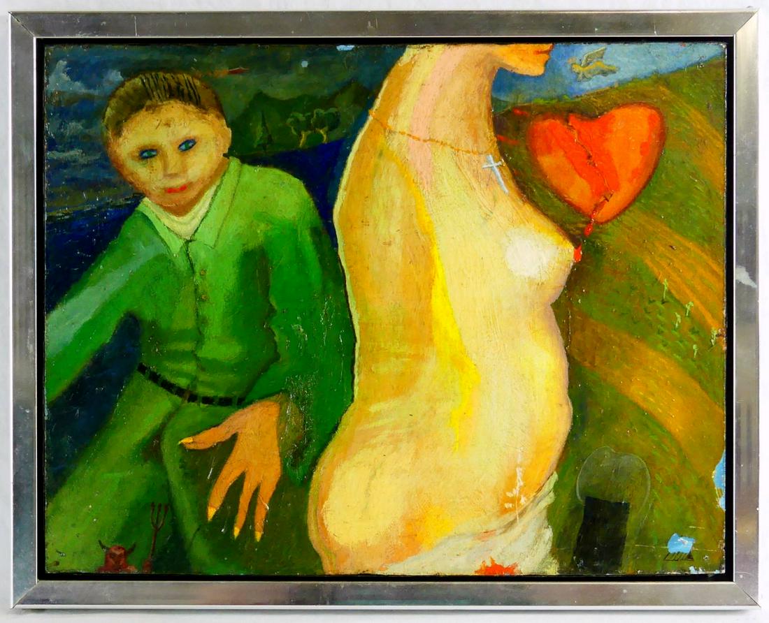 MODERNIST OIL PAINTING ON PANEL BROKEN HEART: Modernist oil painting on masonite depicting the torso of a draped nude woman with broken heart with angel flying above. Beside her stands a man dressed in green with pointed fingernails with devil an