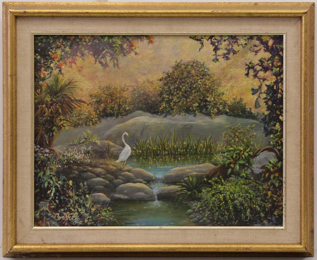 EARL CORDREY 'EGRET' OIL PAINTING ON CANVAS BOARD: Earl Somers Cordrey (American, 1902-1977) oil painting on artist board depicting an egret in a lush landscape with pond. Signed lower left. Measures 17 1/2" x 13 1/2" + 2 1/4" frame.