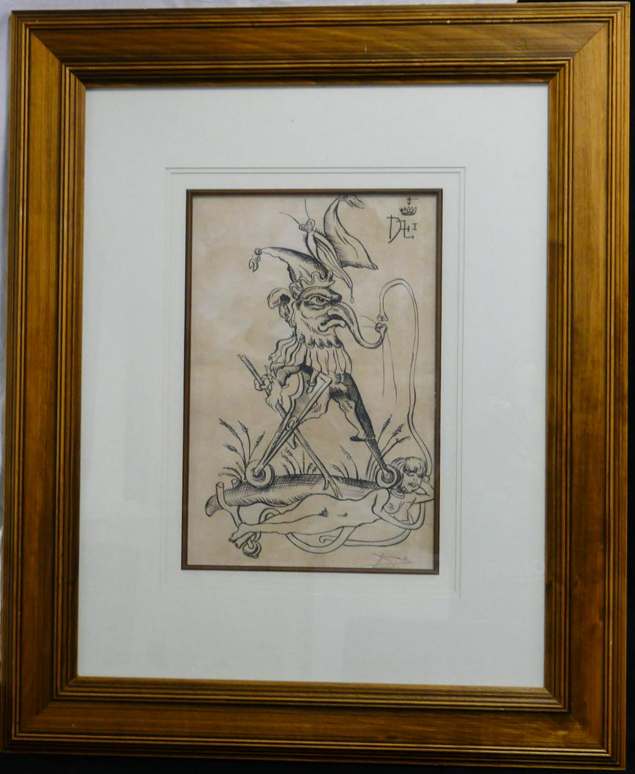AFTER SALVADOR DALI COMICAL DREAMS INK ON PAPER: After Salvador Dali ink drawing on paper depicting a grotesque figure atop reclining nude woman from Pantagruel's Comical Dreams. Pencil signed lower right. Measures 17 1/4" x 11 1/2" + 8 1/2" mat & f