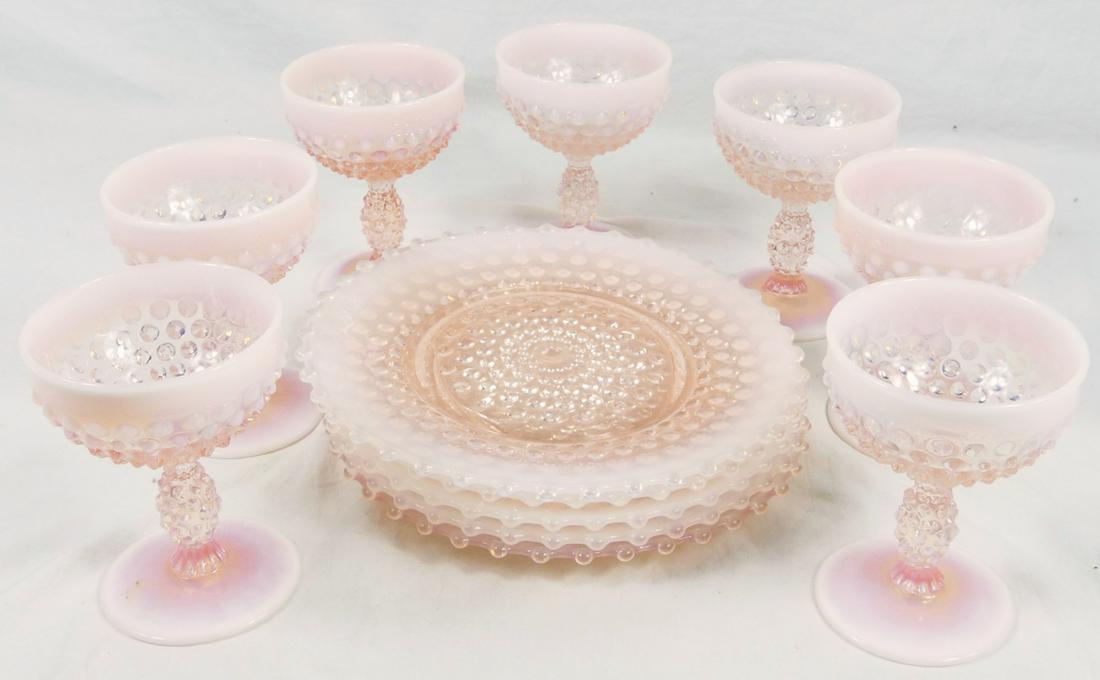 12pc PINK HOBNAIL OPALESCENT GOBLETS & DISHES (1 of 3)