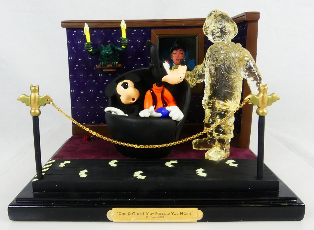 DISNEY HAUNTED MANSION A GHOST MAY FOLLOW YOU HOME: Disney Haunted Mansion 999 Happy Haunts Magic Kingdom battery operated figure. Titled 'And A Ghost May Follow You Home'. Edition of 500. Includes original box. Figure measures 9 1/2" width x 6 1/2" he