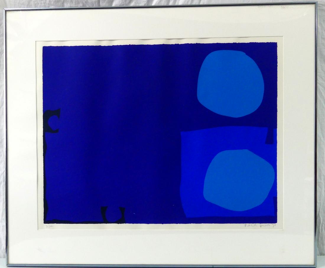 PATRICK HERON 'FOUR BLUES, TWO DISCS' SCREENPRINT: Patrick Heron (British, 1920-1999) screenprint in colors on wove paper. Titled 'Four Blues, Two Discs' - April 1970. Pencil signed and dated 1970 lower right. Numbered 91/100 lower left. Measures 32 1