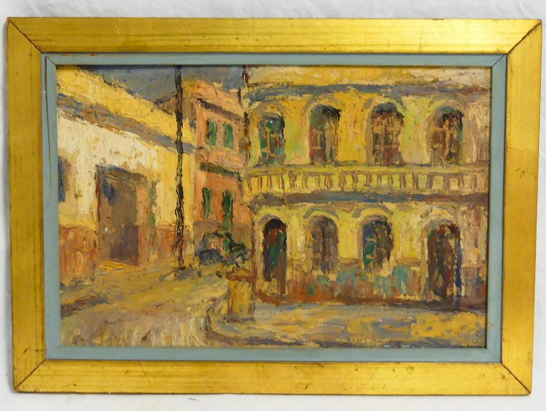 JOSE CUNEO 'CALLE' OIL PAINTING ON BOARD: Jose Cuneo (Uruguayan, 1887-1977) oil painting on canvas depicting a street scene. Measures 12" x 8" + 1 1/4" frame.