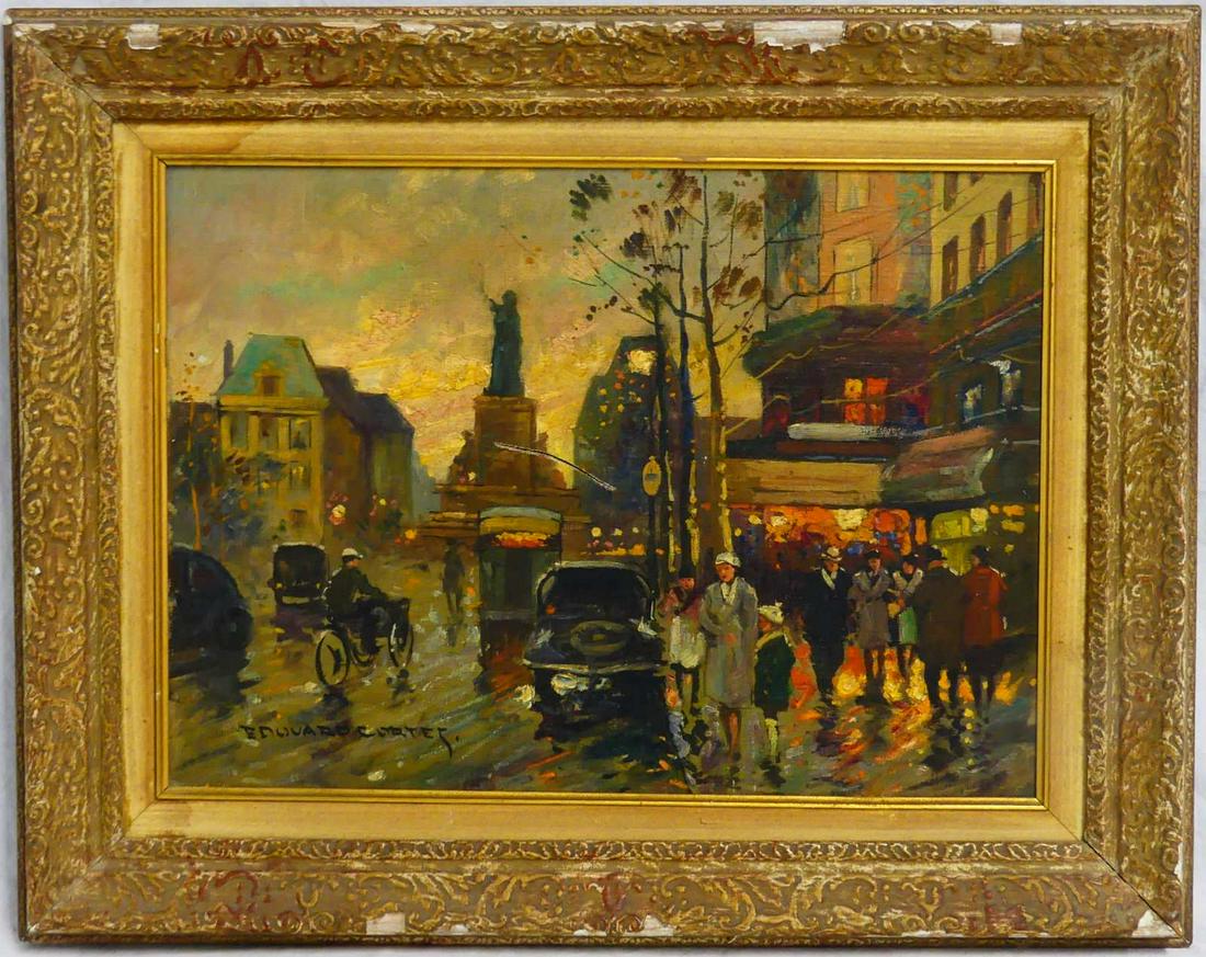 AFTER EDOUARD CORTES OIL PAINTING ON CANVAS: Oil painting on canvas depicting a Parisian street scene after Edouard Leon Cortes (French, 1882-1969). Signed lower left. Measures 17 1/2" x 12 5/8" + 3 1/4" frame.