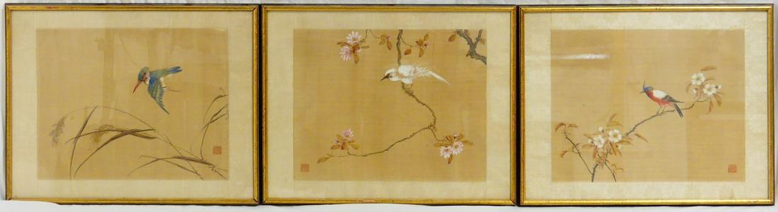 3pc CHINESE 'BIRDS & FLOWERS' PAINTINGS ON SILK (1 of 5)