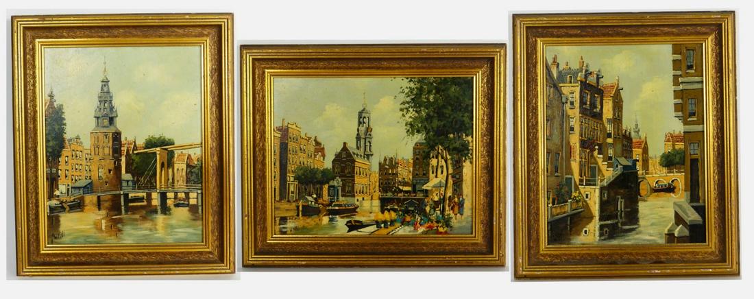 3pc W. MAAS AMSTERDAM CANAL SCENE OIL ON PANEL (1 of 13)