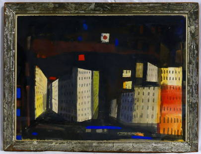 JAMES LECHAY CITYSCAPE WATERCOLOR ON PAPER: James Lechay (American, 1907-2001) watercolor and gouache on paper depicting a cityscape at night. Signed lower right and dated 1950. Measures 30" x 22 1/4" + 2" frame.