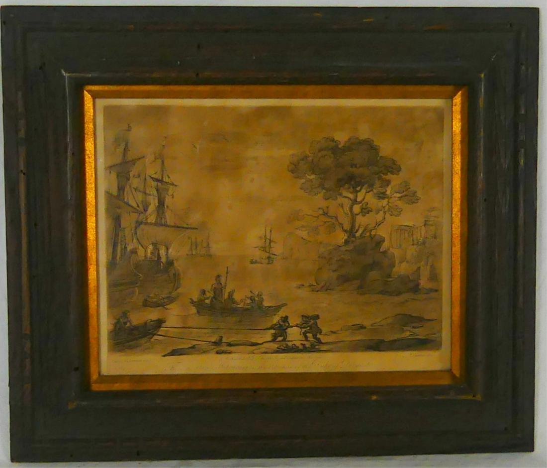 CLAUDE LORRAIN 'LIBER VERITATIS' ENGRAVING 1776: Claude Lorrain engraving by Richard Earlom. Published by John Boydell in 1776. From the Original Drawing In The Collection Of The Duke Of Devonshire. Plate 122. Depicts The landing on the Latium coast
